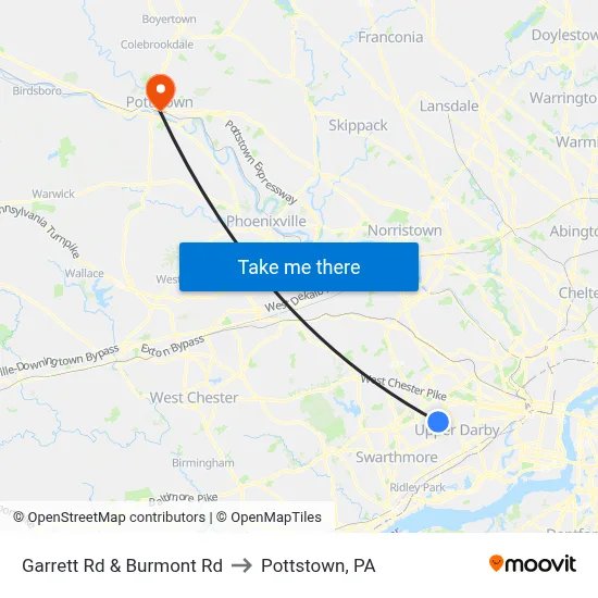 Garrett Rd & Burmont Rd to Pottstown, PA map