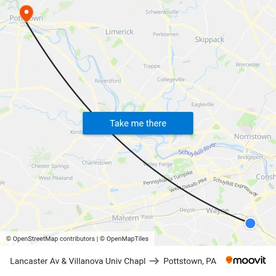 Lancaster Av & Villanova Univ Chapl to Pottstown, PA map