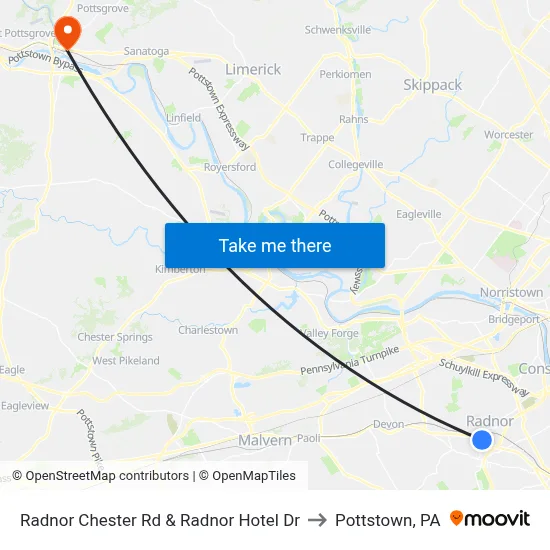 Radnor Chester Rd & Radnor Hotel Dr to Pottstown, PA map