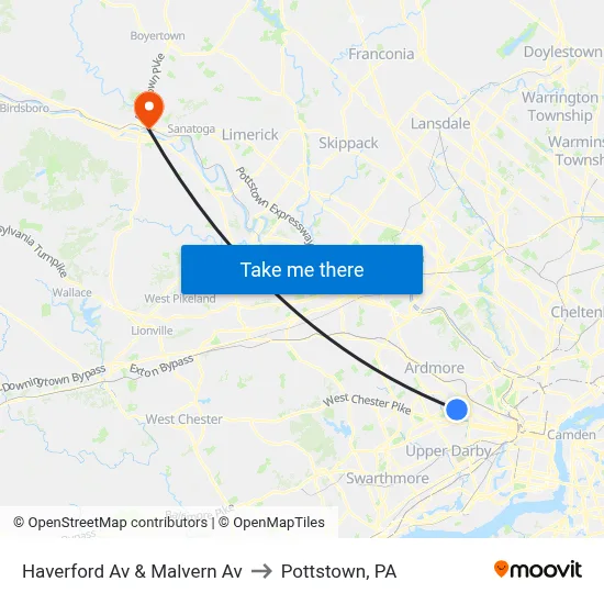 Haverford Av & Malvern Av to Pottstown, PA map