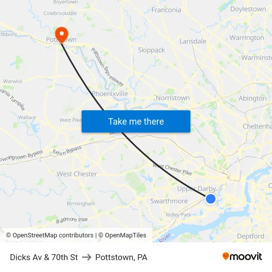 Dicks Av & 70th St to Pottstown, PA map