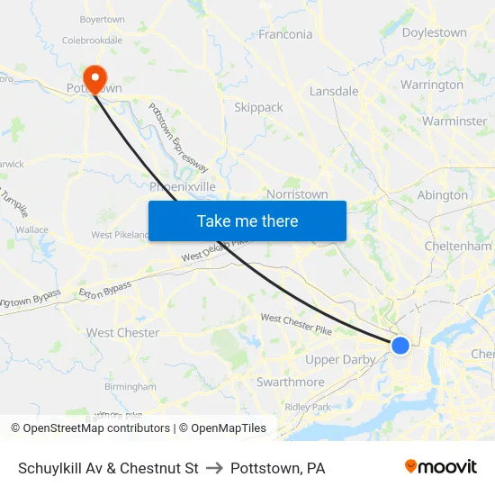 Schuylkill Av & Chestnut St to Pottstown, PA map