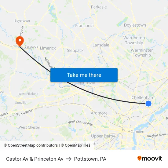 Castor Av & Princeton Av to Pottstown, PA map