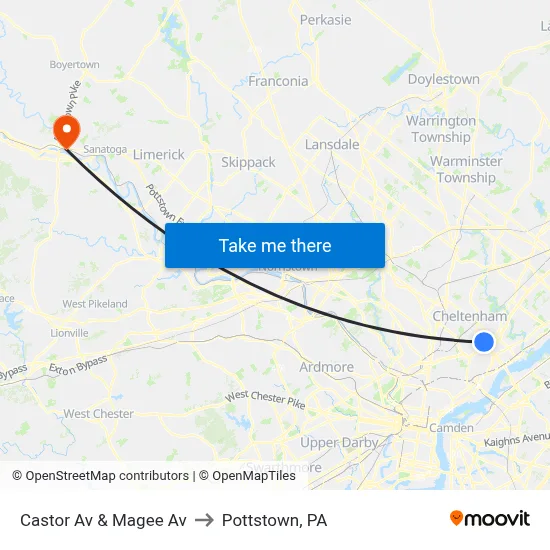 Castor Av & Magee Av to Pottstown, PA map