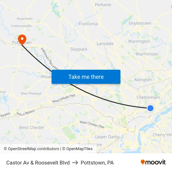 Castor Av & Roosevelt Blvd to Pottstown, PA map