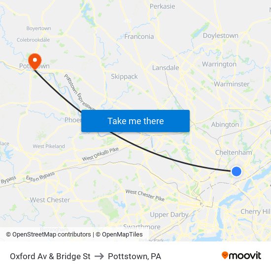 Oxford Av & Bridge St to Pottstown, PA map