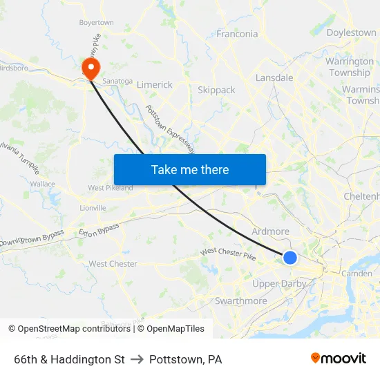66th & Haddington St to Pottstown, PA map
