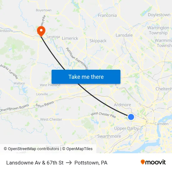 Lansdowne Av & 67th St to Pottstown, PA map