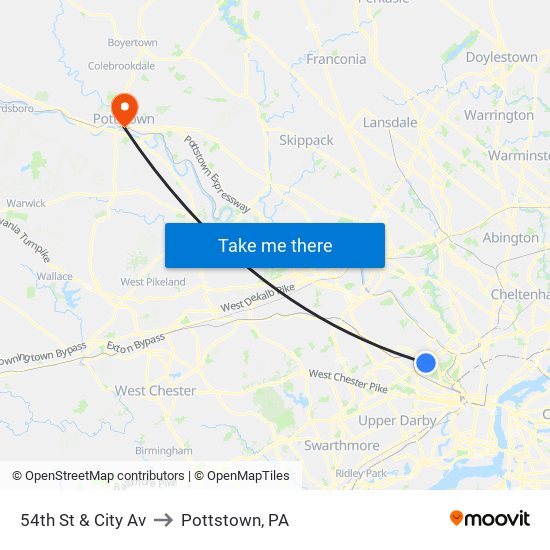 54th St & City Av to Pottstown, PA map