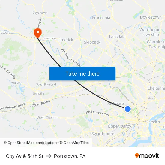 City Av & 54th St to Pottstown, PA map
