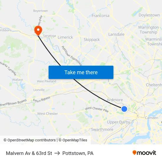 Malvern Av & 63rd St to Pottstown, PA map