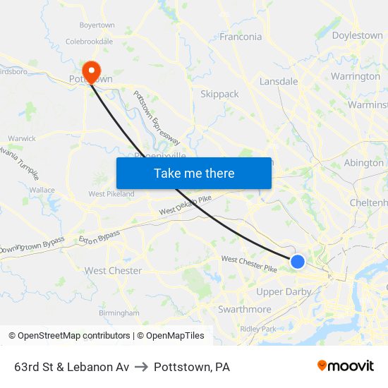 63rd St & Lebanon Av to Pottstown, PA map