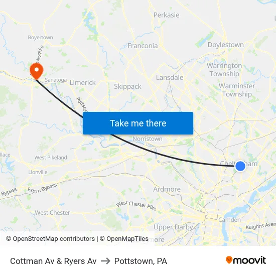 Cottman Av & Ryers Av to Pottstown, PA map