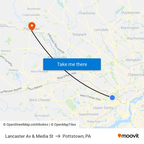 Lancaster Av & Media St to Pottstown, PA map