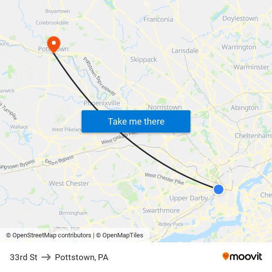 33rd St to Pottstown, PA map