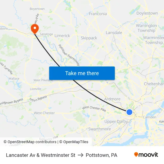 Lancaster Av & Westminster St to Pottstown, PA map