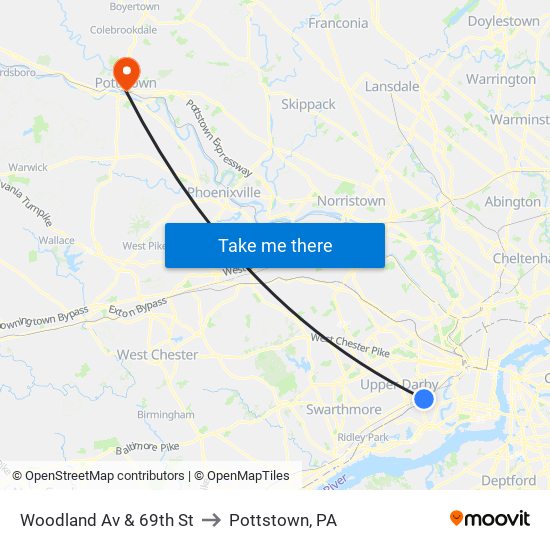Woodland Av & 69th St to Pottstown, PA map