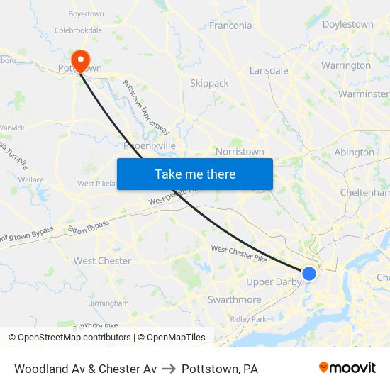 Woodland Av & Chester Av to Pottstown, PA map