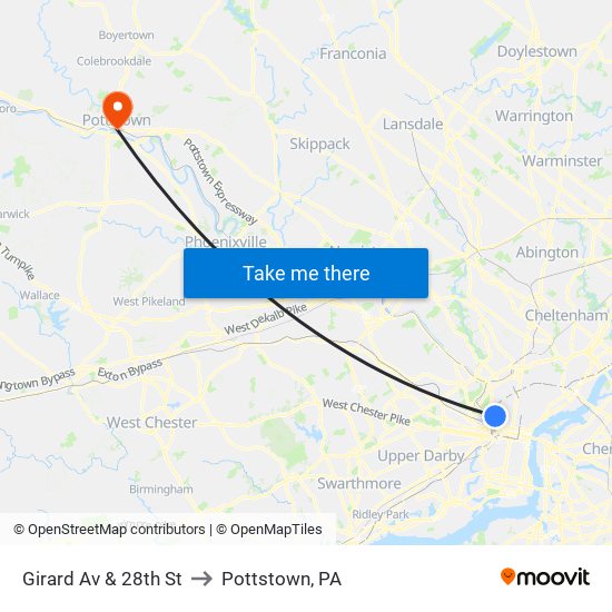 Girard Av & 28th St to Pottstown, PA map