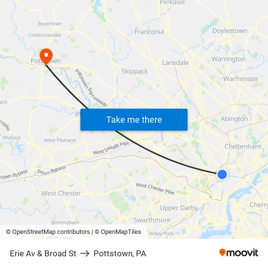 Erie Av & Broad St to Pottstown, PA map