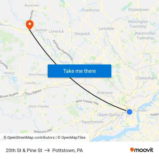 20th St & Pine St to Pottstown, PA map