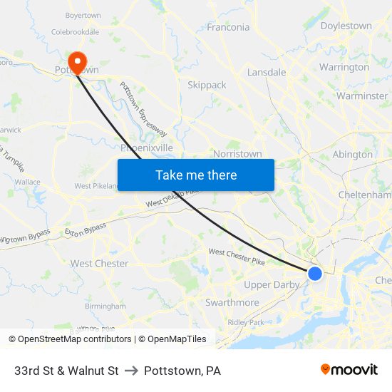 33rd St & Walnut St to Pottstown, PA map