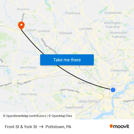 Front St & York St to Pottstown, PA map