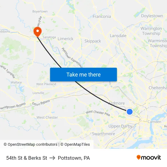 54th St & Berks St to Pottstown, PA map