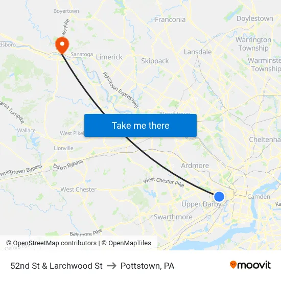 52nd St & Larchwood St to Pottstown, PA map