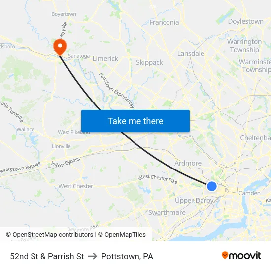 52nd St & Parrish St to Pottstown, PA map