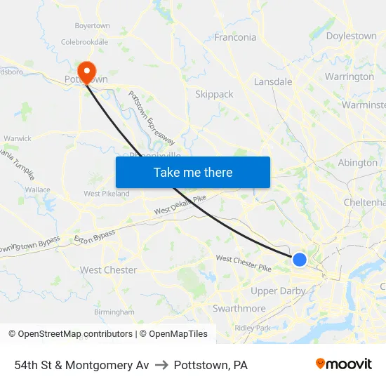 54th St & Montgomery Av to Pottstown, PA map
