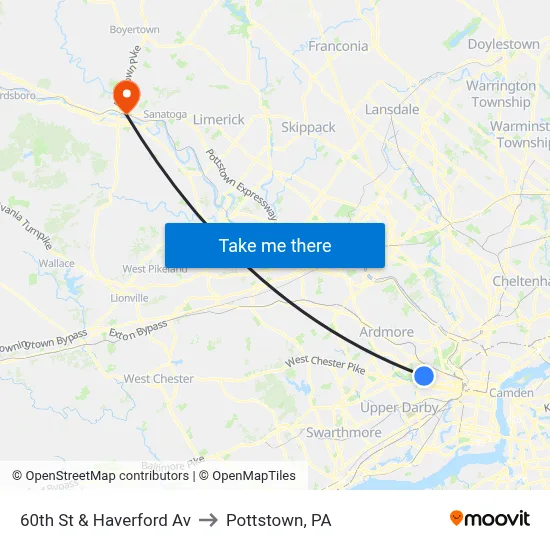60th St & Haverford Av to Pottstown, PA map