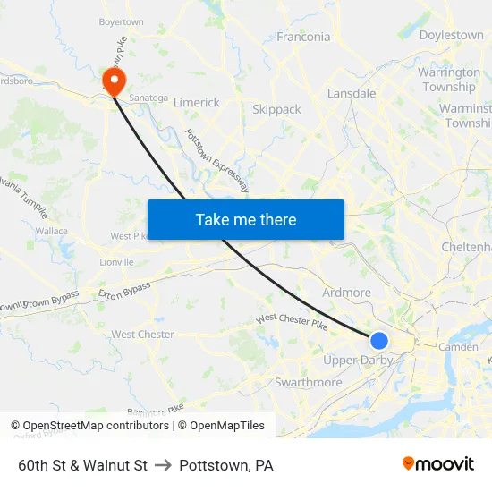 60th St & Walnut St to Pottstown, PA map