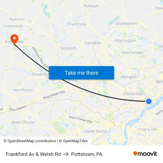 Frankford Av & Welsh Rd to Pottstown, PA map