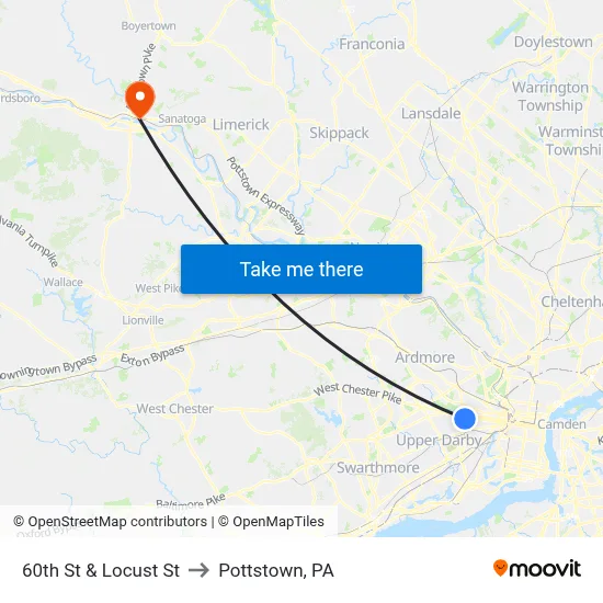 60th St & Locust St to Pottstown, PA map