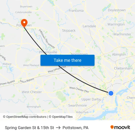Spring Garden St & 15th St to Pottstown, PA map