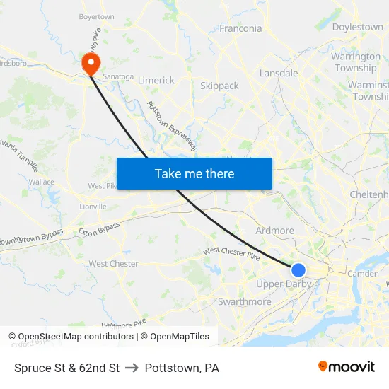 Spruce St & 62nd St to Pottstown, PA map