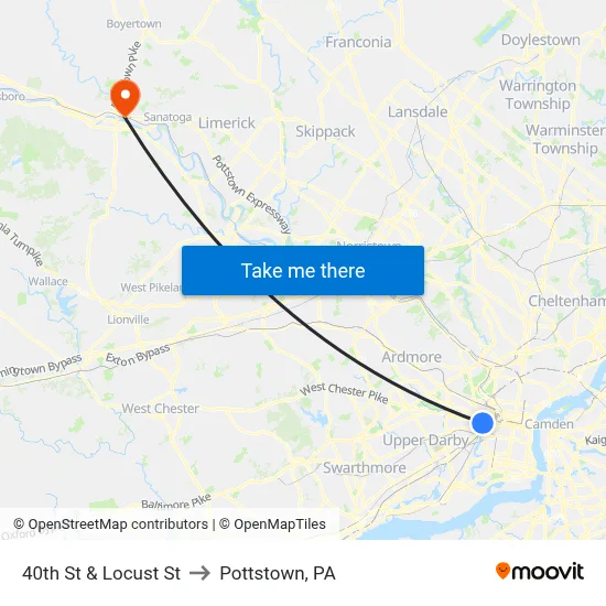 40th St & Locust St to Pottstown, PA map