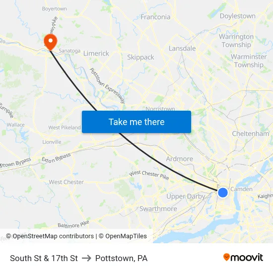 South St & 17th St to Pottstown, PA map