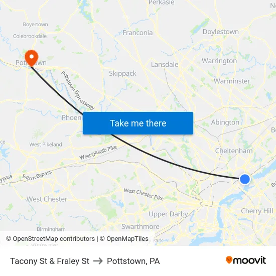Tacony St & Fraley St to Pottstown, PA map
