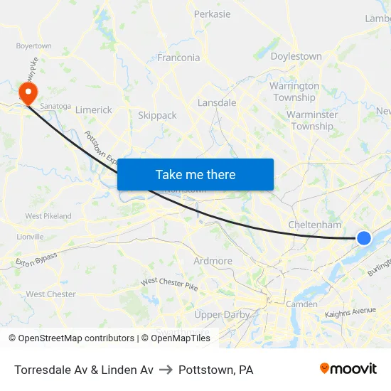 Torresdale Av & Linden Av to Pottstown, PA map