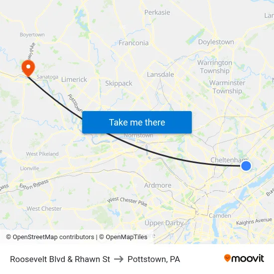 Roosevelt Blvd & Rhawn St to Pottstown, PA map