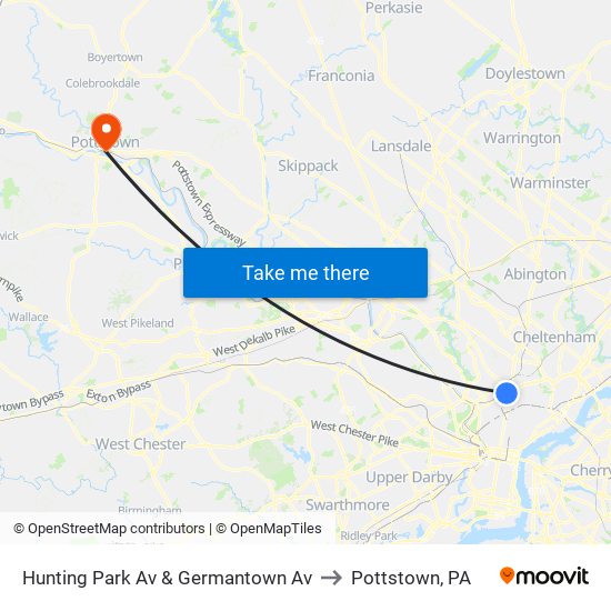 Hunting Park Av & Germantown Av to Pottstown, PA map