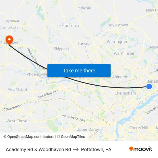 Academy Rd & Woodhaven Rd to Pottstown, PA map