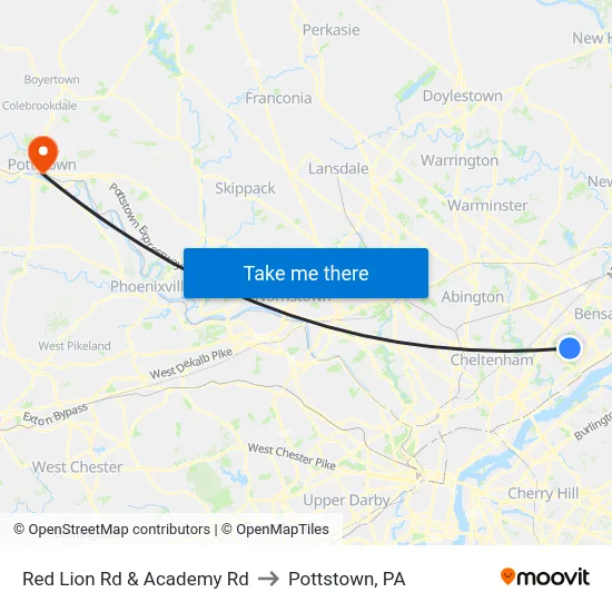 Red Lion Rd & Academy Rd to Pottstown, PA map