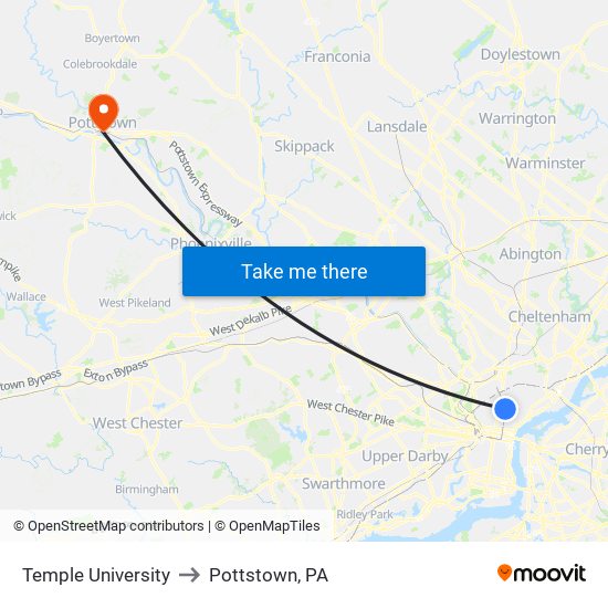 Temple University to Pottstown, PA map