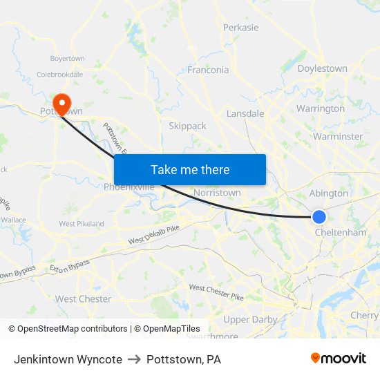 Jenkintown Wyncote to Pottstown, PA map