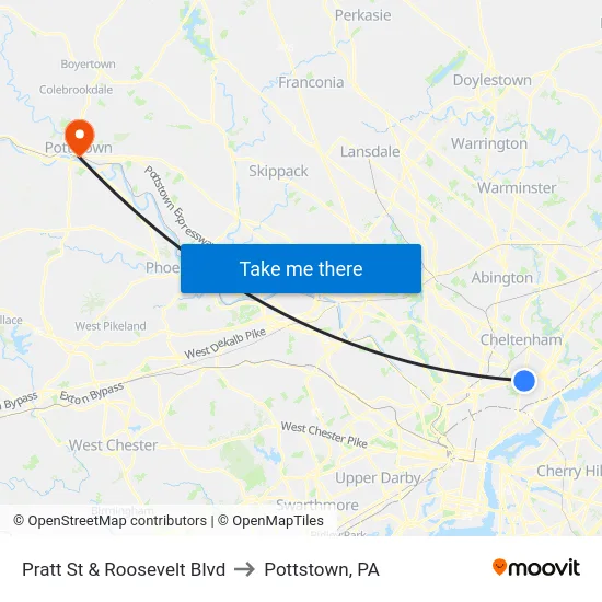 Pratt St & Roosevelt Blvd to Pottstown, PA map