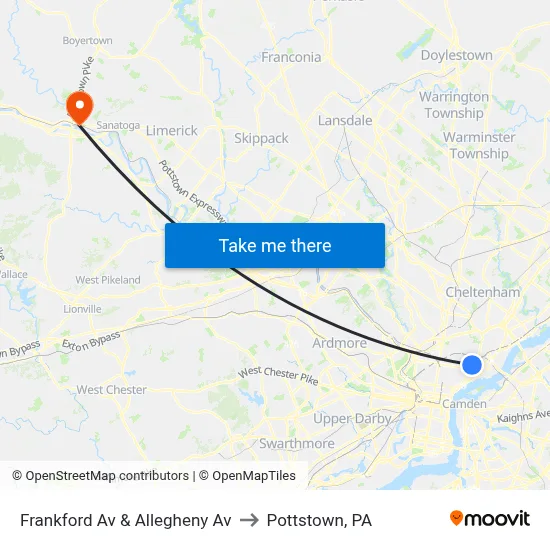Frankford Av & Allegheny Av to Pottstown, PA map