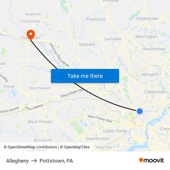 Allegheny to Pottstown, PA map